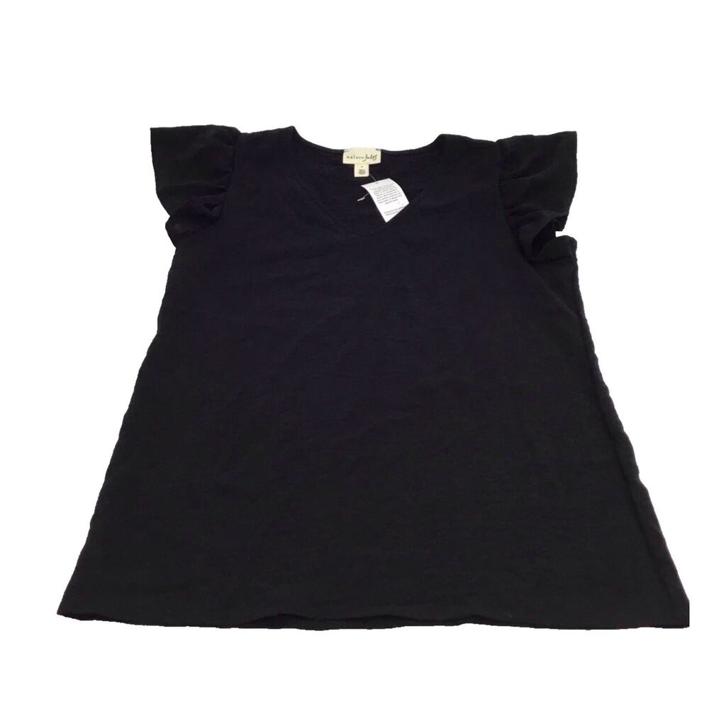 Maison Jules Women V Neck Ruffle Cap Sleeve Tshirt Black Small